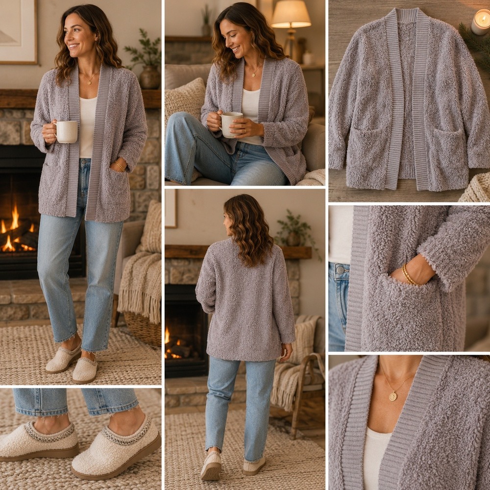 Barefoot Dreams CozyChic Open Front Cardigan Taupe‎ Mauve XS BDWCC22138 Sweater
